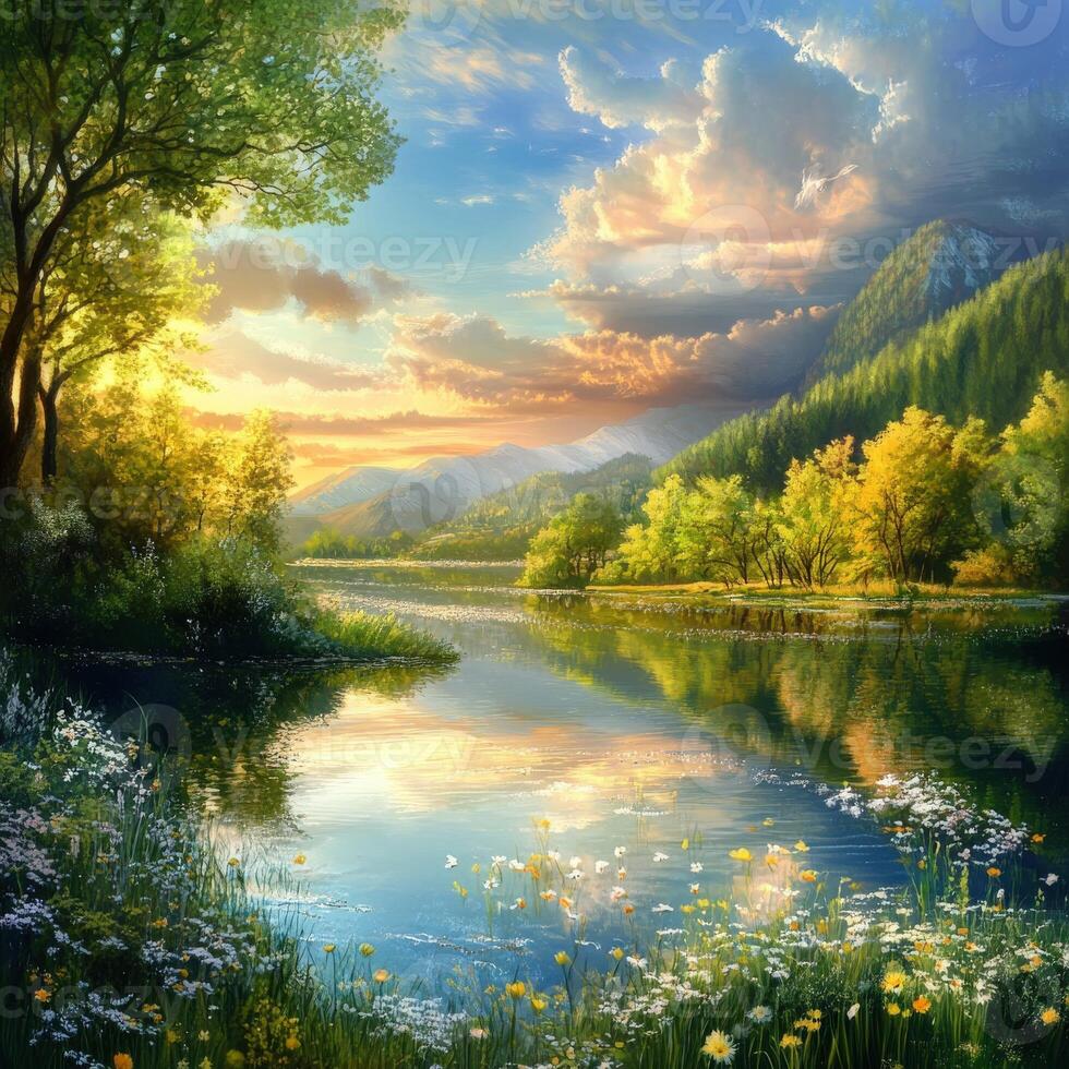 Beautiful sunset over a serene lake surrounded by lush greenery photo