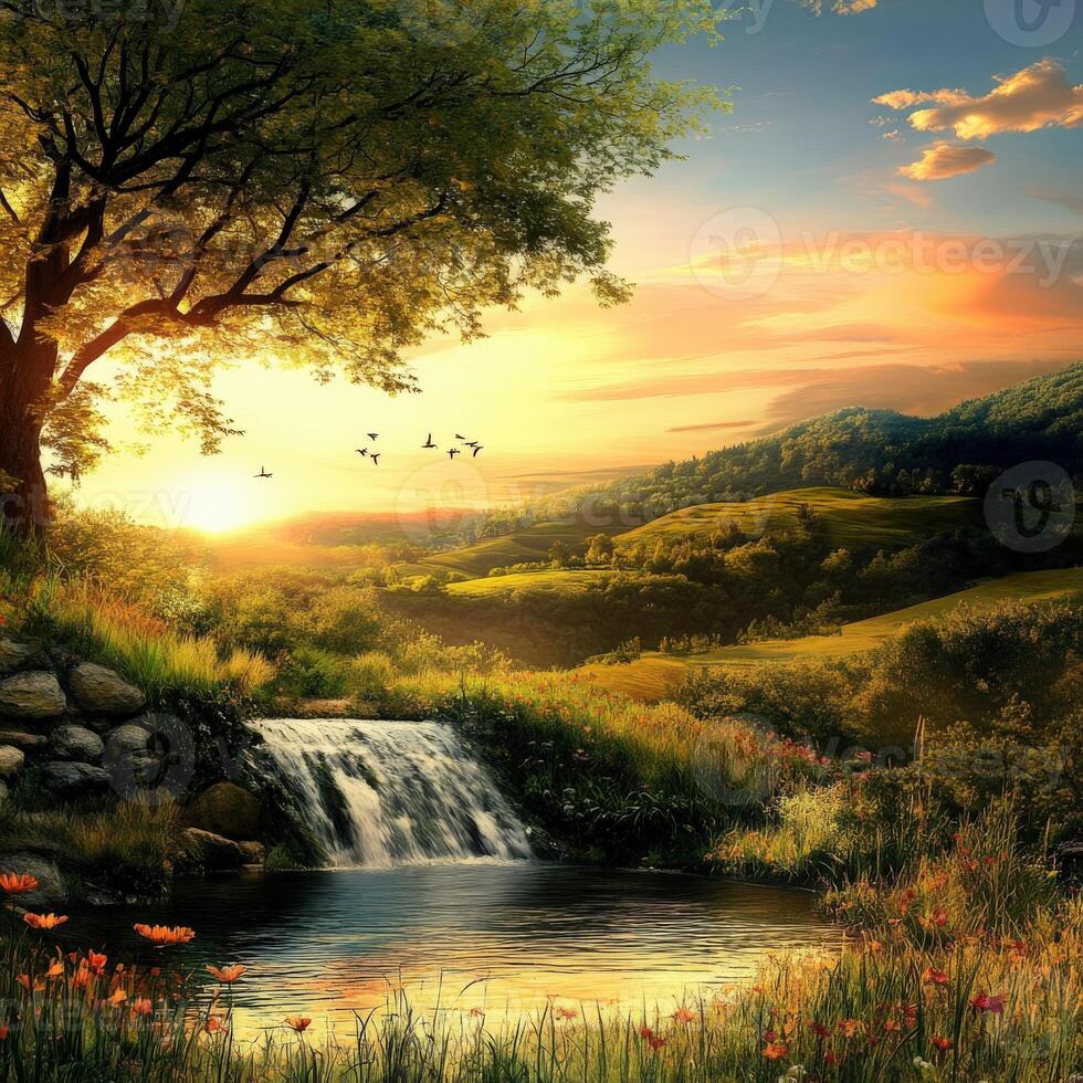 Tranquil sunset over a serene landscape with a flowing stream photo