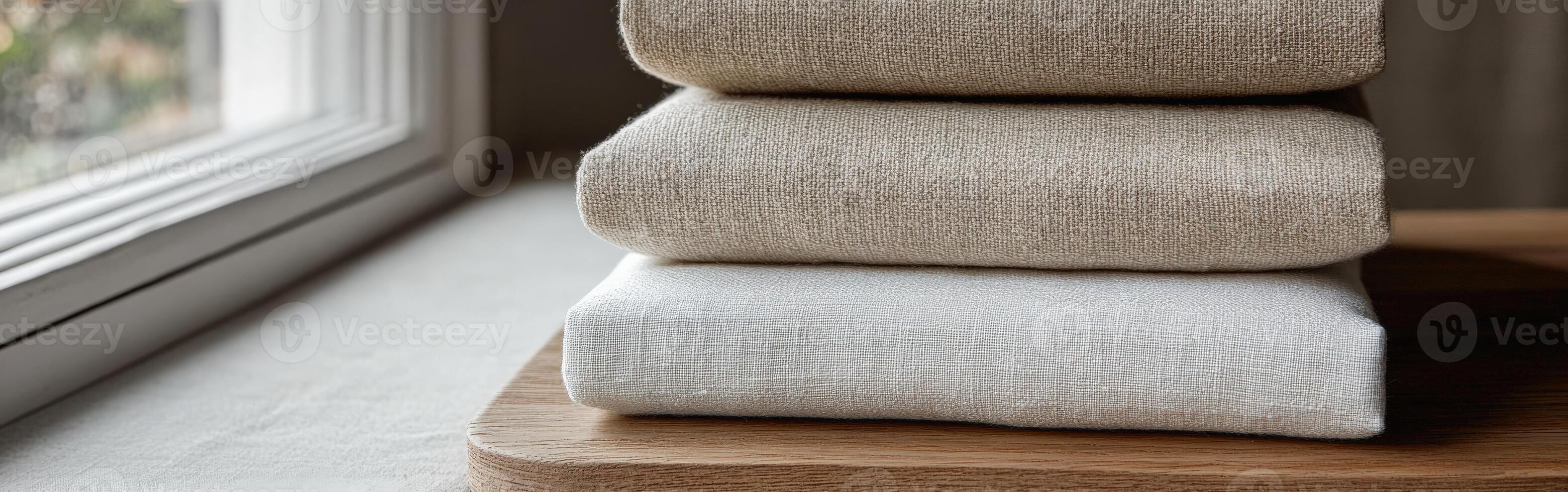 Stylishly folded linen textiles on a wooden tray by the window photo