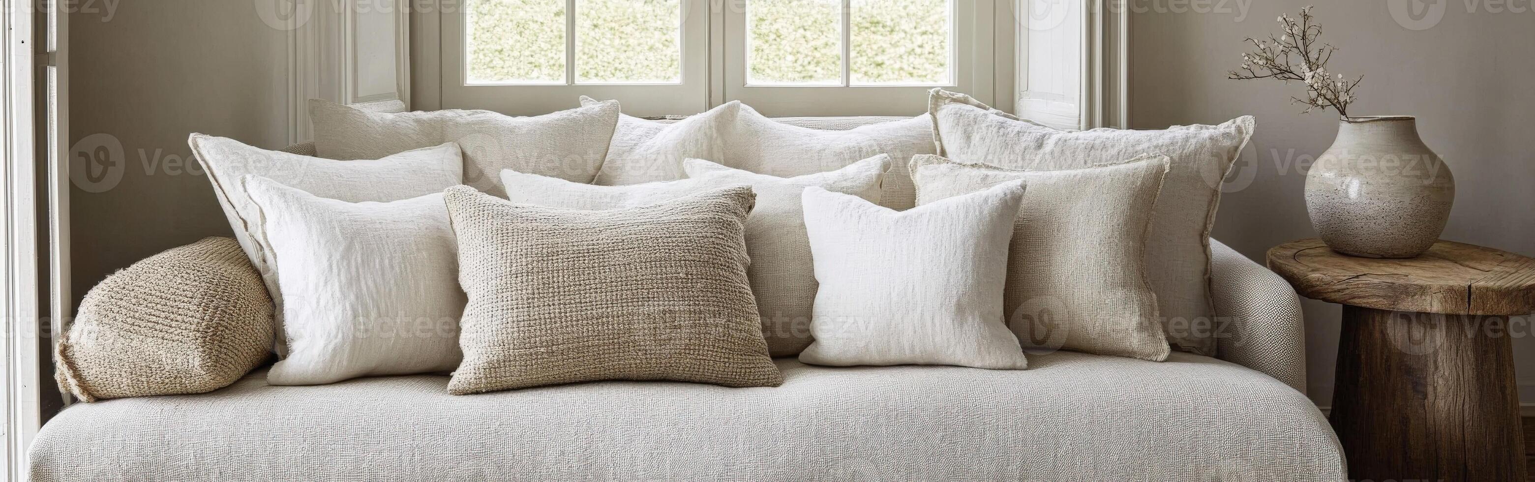 Cozy arrangement of decorative cushions on a neutral-toned sofa by a window photo