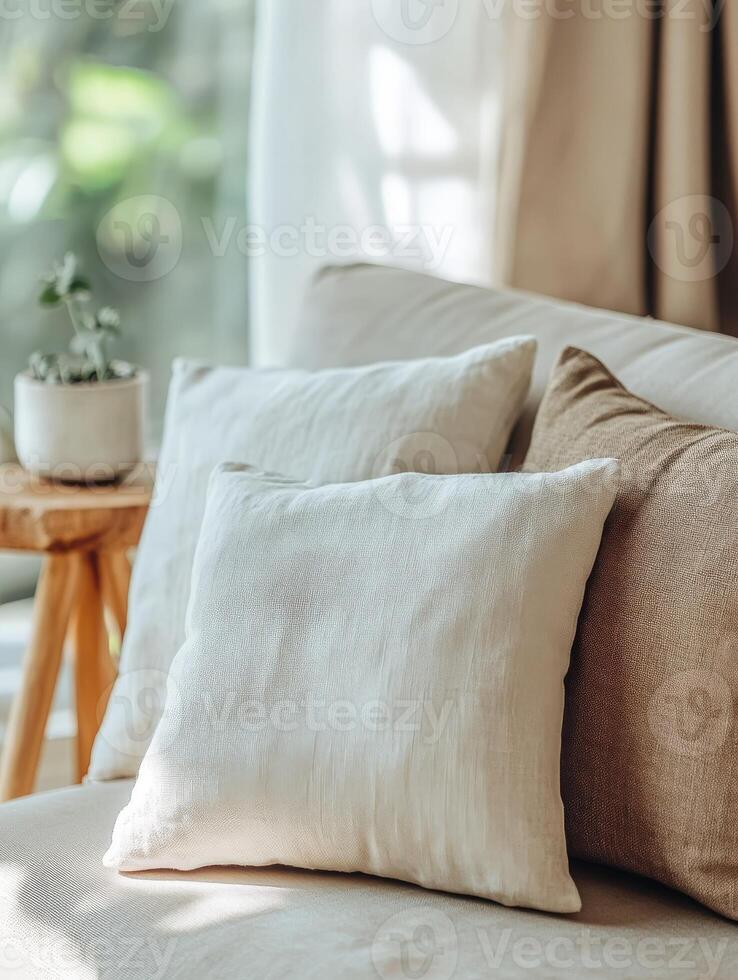 Soft pillows on a cozy sofa in a sunlit living room photo