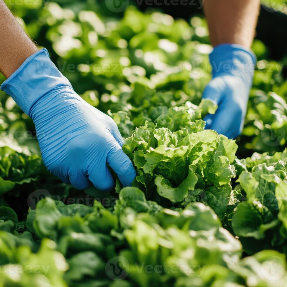 Harvesting fresh lettuce in a sustainable farm setting during daylight photo