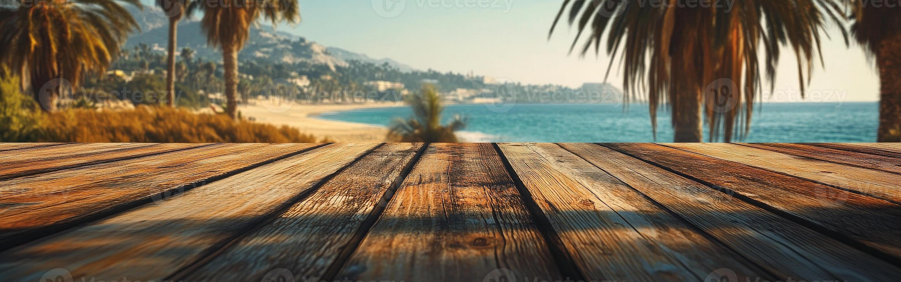 Experience serene coastal views from a wooden deck surrounded by palm trees photo