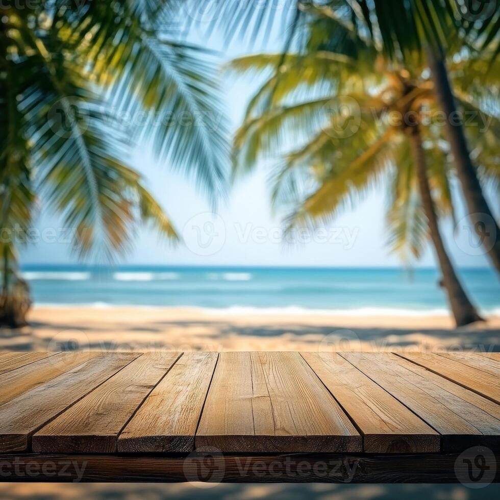 Beautiful tropical beach view with palm trees and wooden table photo