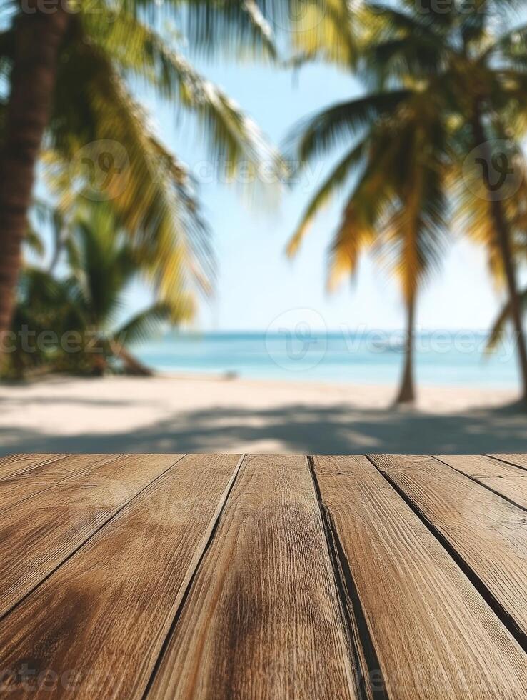 Relaxing beach view with wooden deck and palm trees on sunny day photo