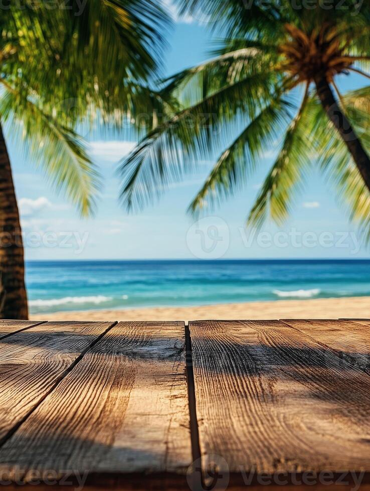 Tropical beach view with palm trees and ocean horizon in bright sunlight photo
