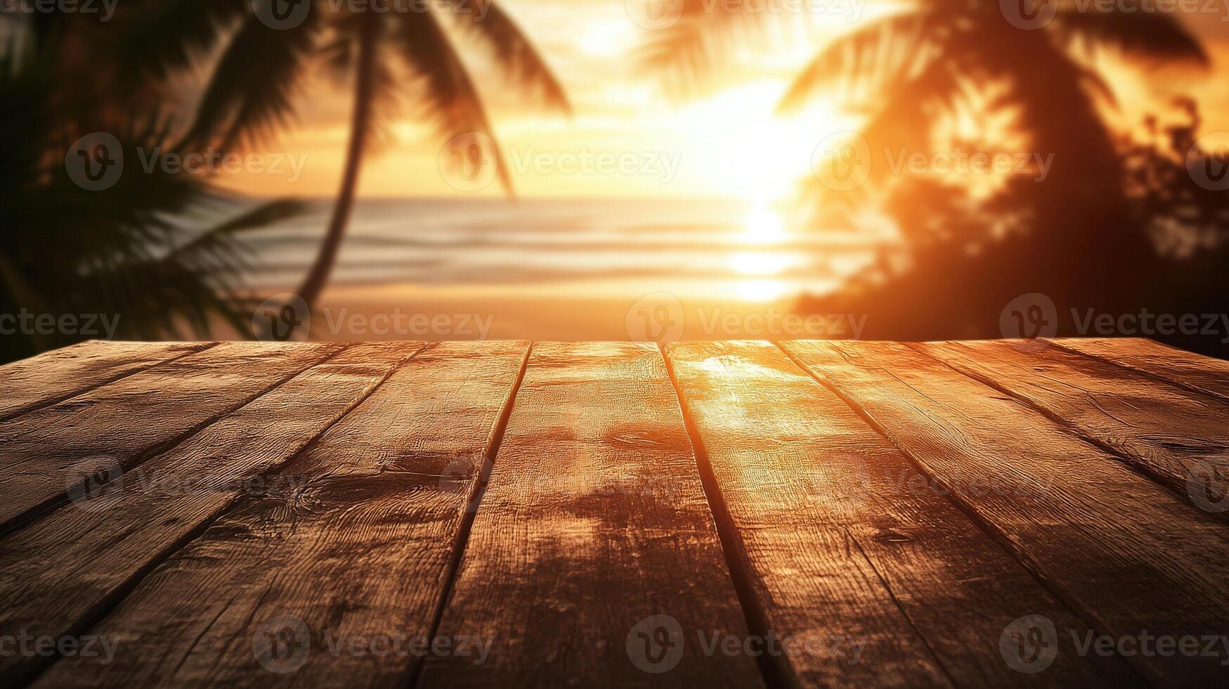 Sunset view over the ocean from a wooden table surrounded by palm trees photo