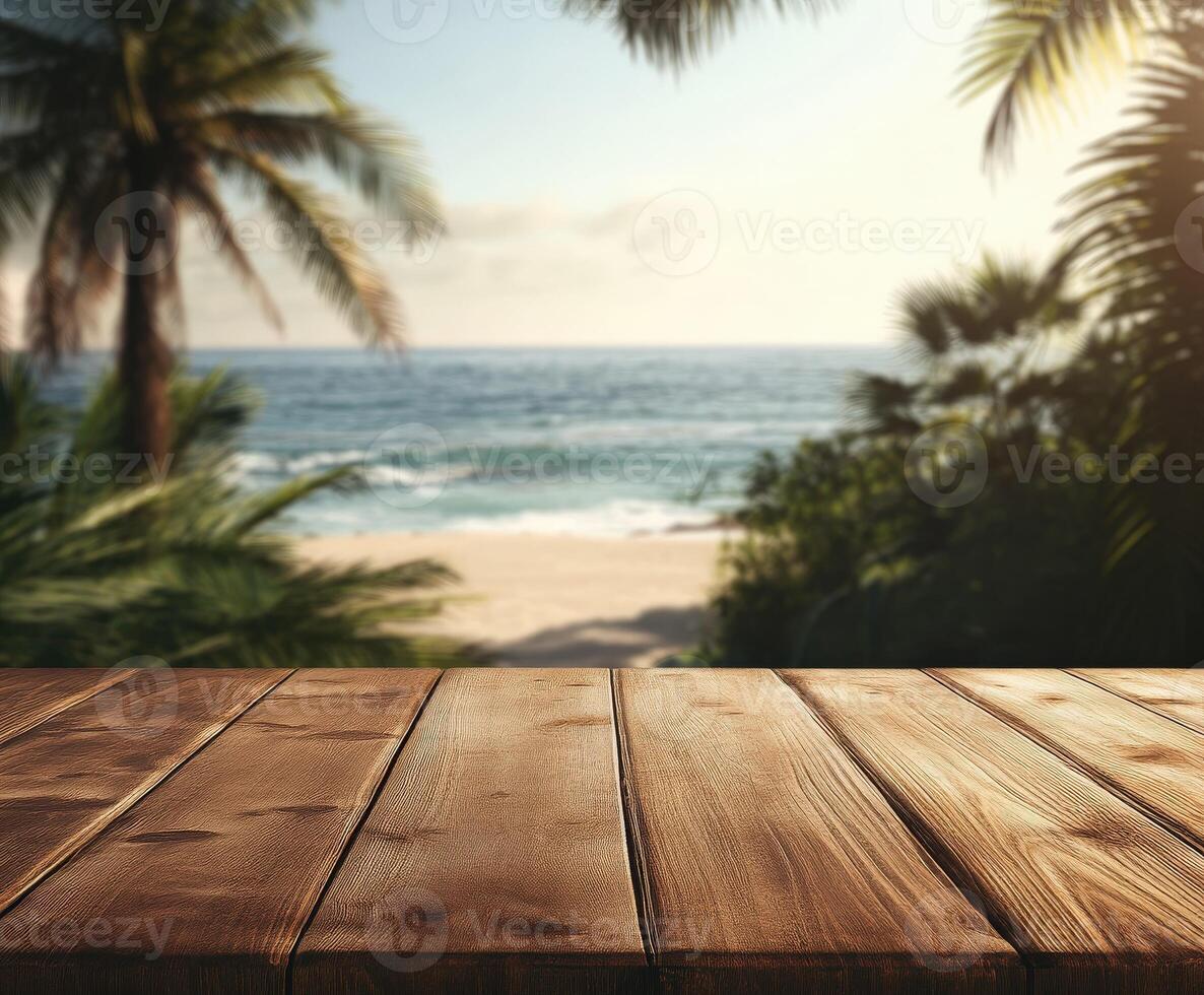 Relaxing beach view with wooden table and palm trees in background photo