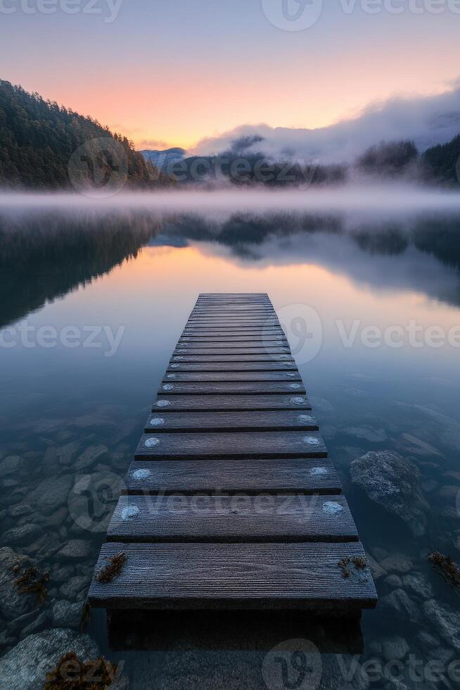 Tranquil morning at the lakeside dock with mist rising in the early light photo