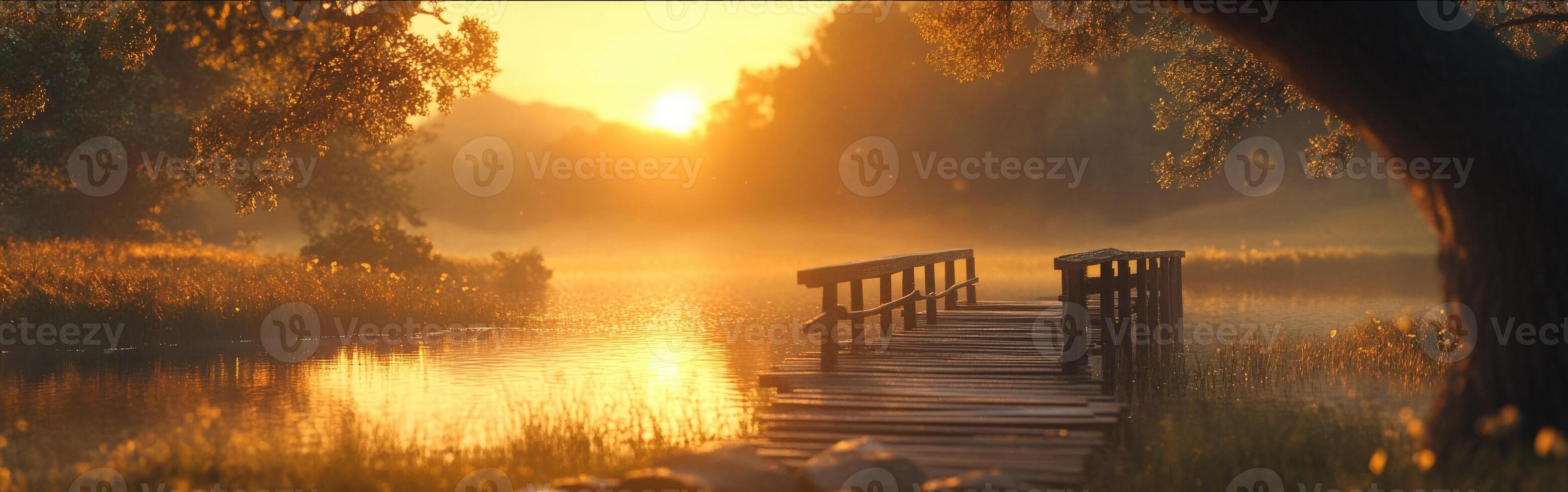 Tranquil sunrise over a serene lake with a wooden bridge photo