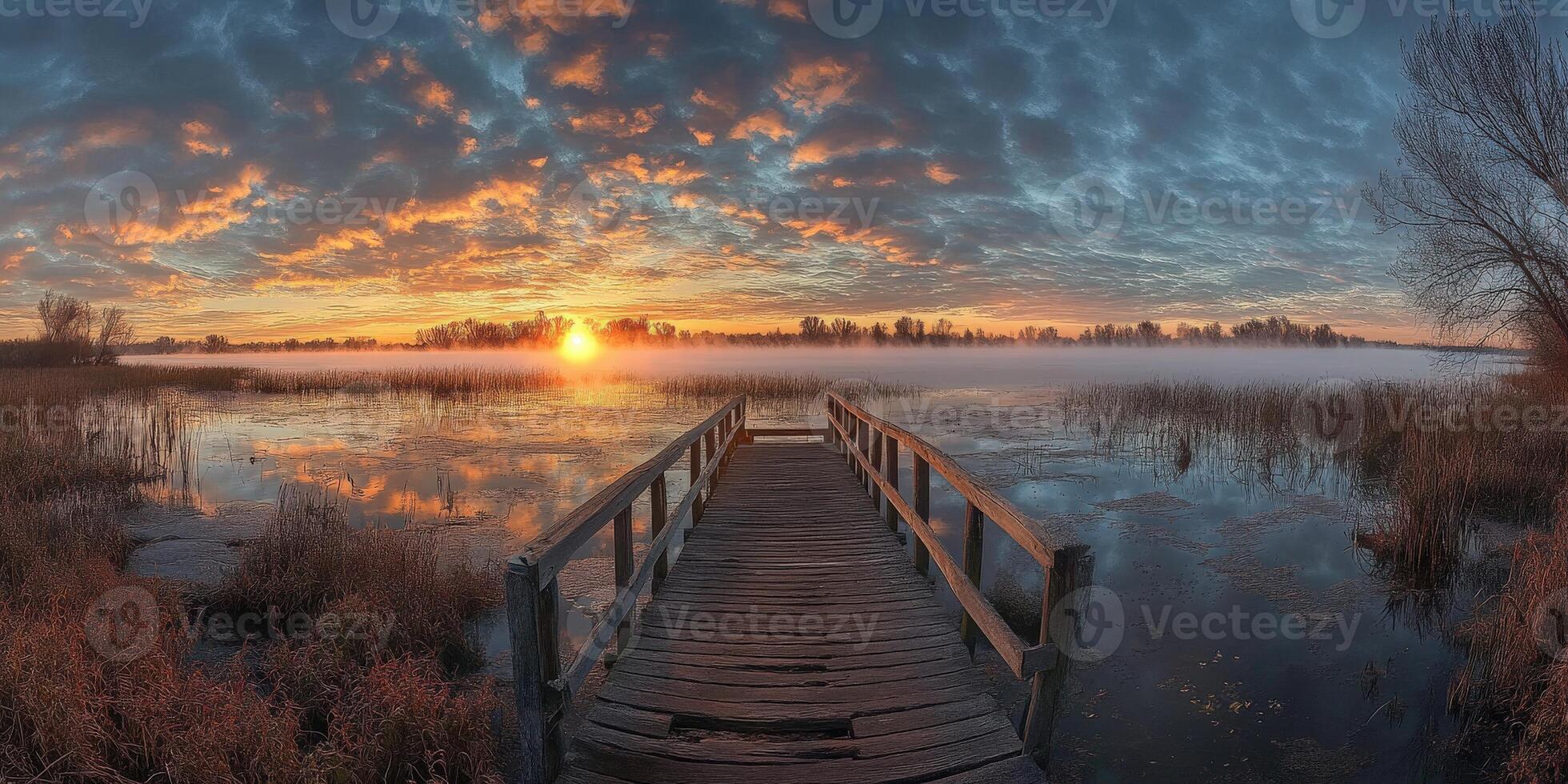 Serene sunrise over misty lake from a wooden dock at dawn photo