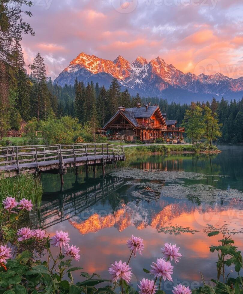 Scenic mountain cabin at sunset reflecting in tranquil lake photo