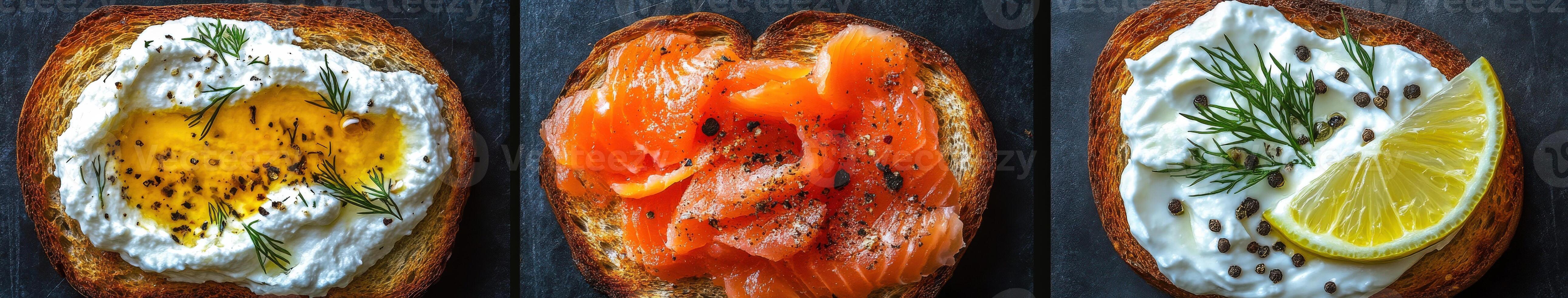 Enjoying delicious smoked salmon toasts with fresh herbs and lemon photo