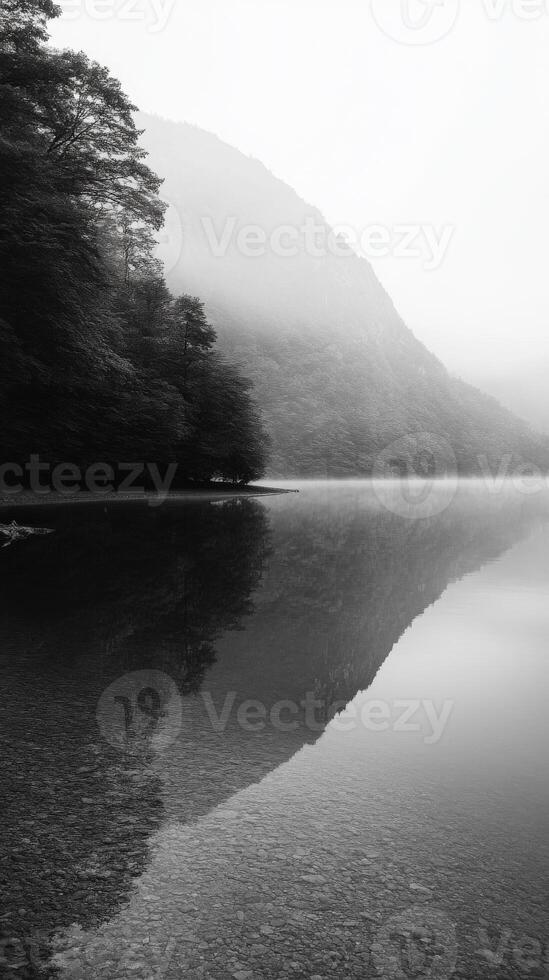Misty mountain reflection in tranquil lake at dawn photo