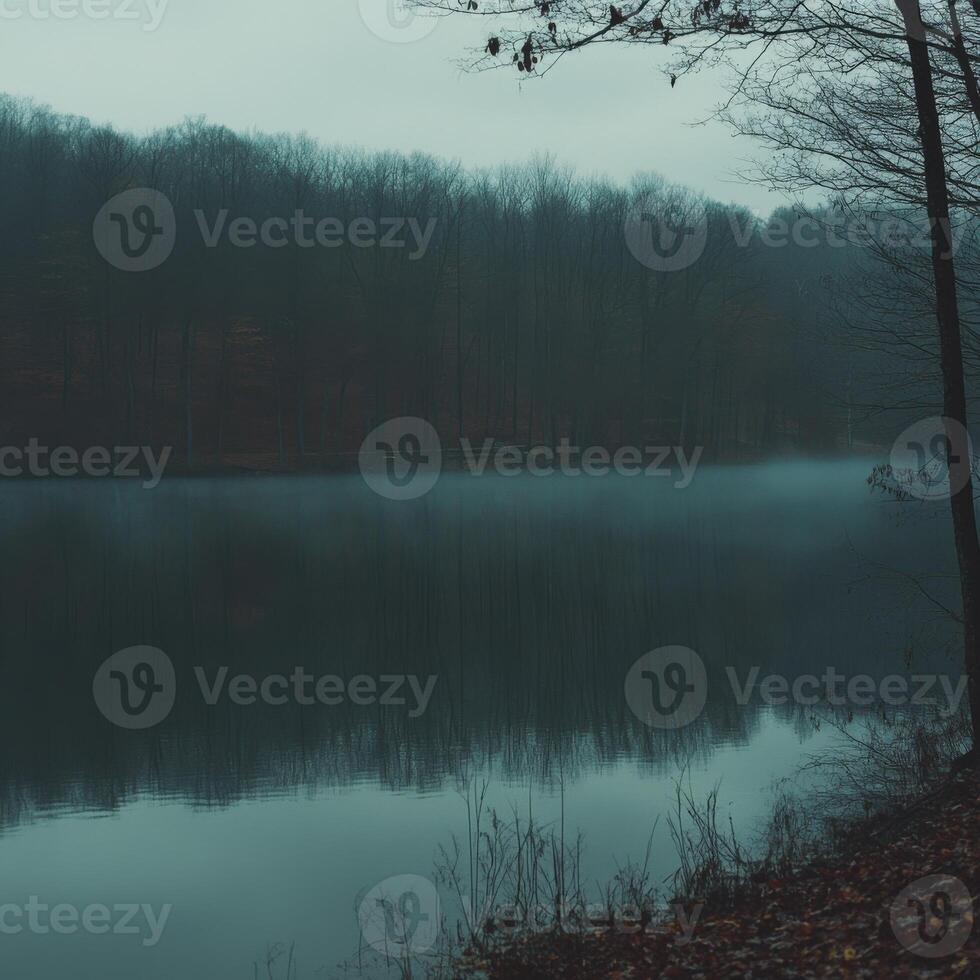 Foggy morning by the serene lake surrounded by forest landscape photo