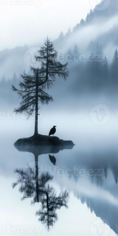 Majestic tree silhouette by calm lake in misty morning light photo