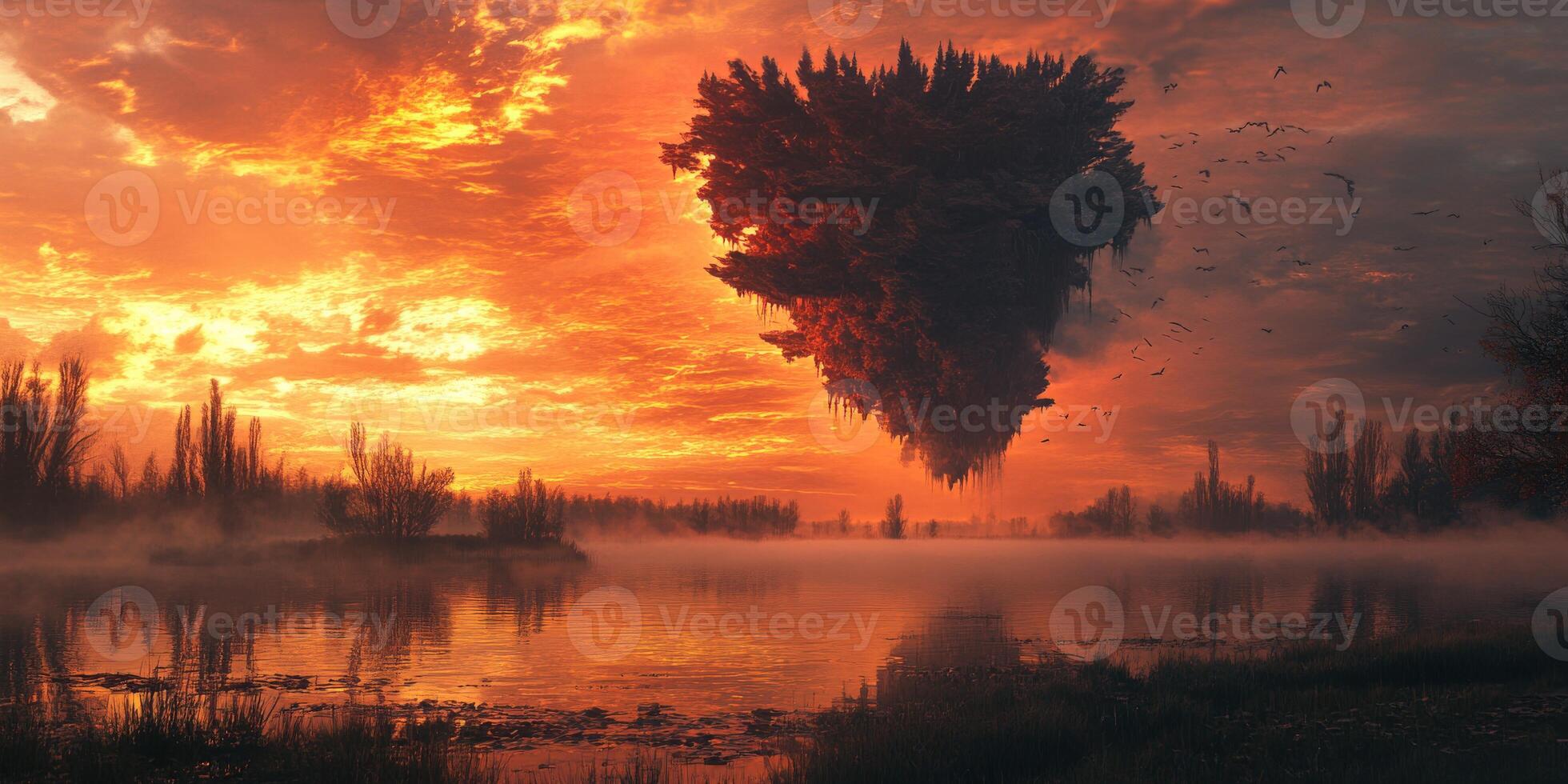 Dramatic sunset with floating island above tranquil lake and silhouetted trees photo