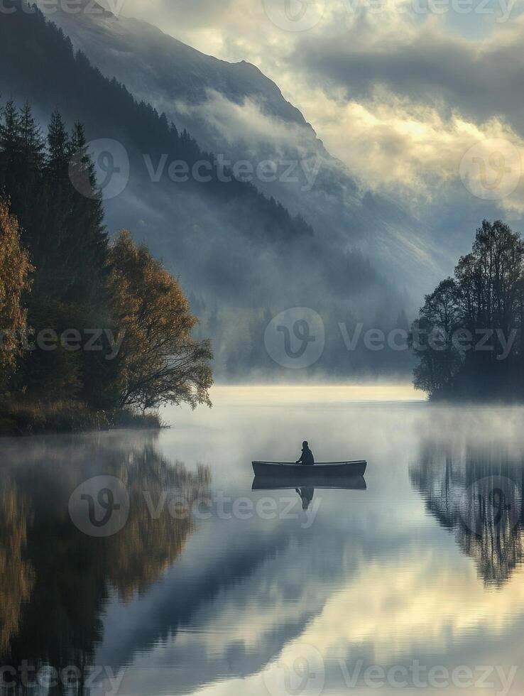 Calm morning on a misty lake with a solitary boat in the distance photo