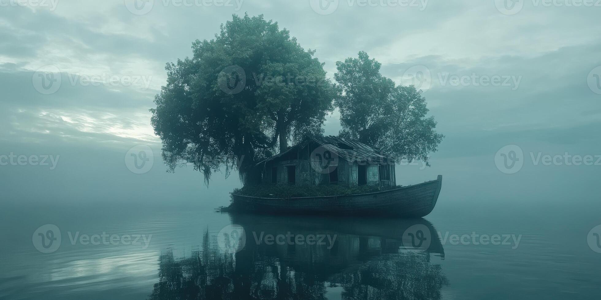 Mysterious abandoned house on a boat surrounded by foggy water photo