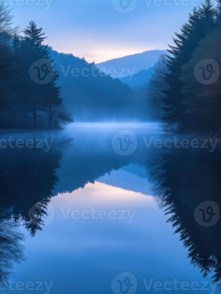 Morning mist over calm water reflects trees and mountains at dawn photo