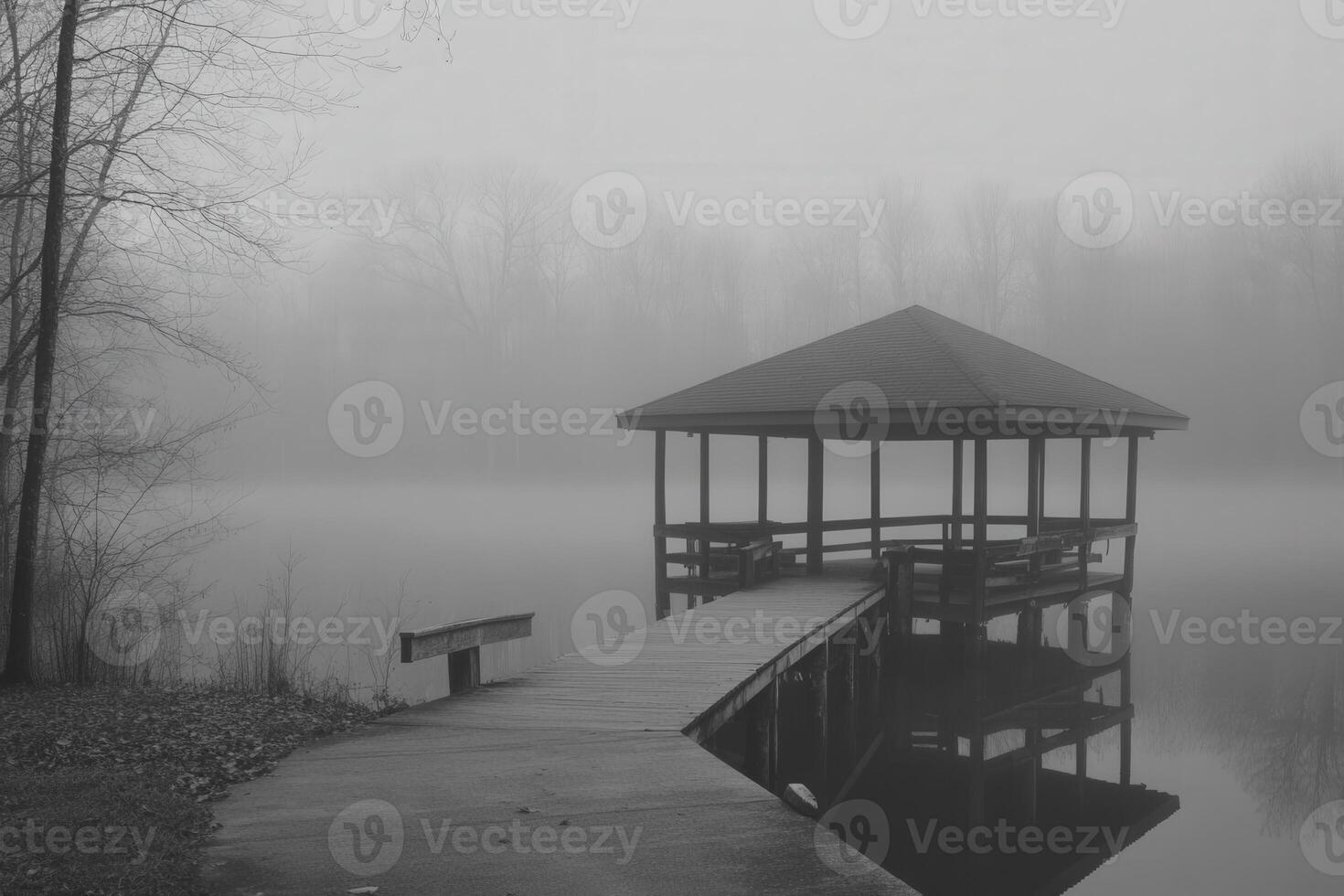 Foggy lake dock and pavilion create serene atmosphere in early morning photo