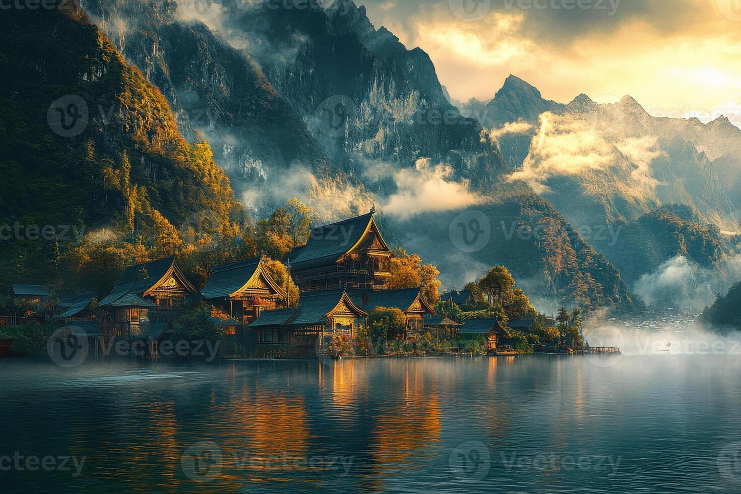 Serene village near mountains at dusk with fog and reflections on water photo