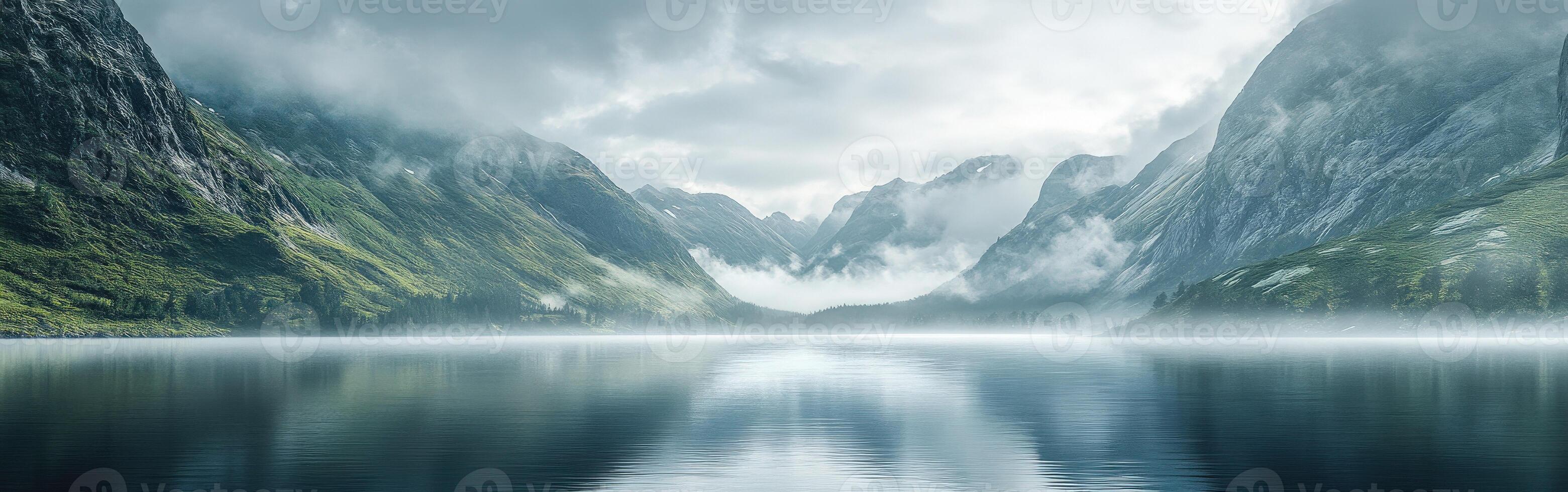 Majestic mountain landscape with calm waters reflecting the sky photo