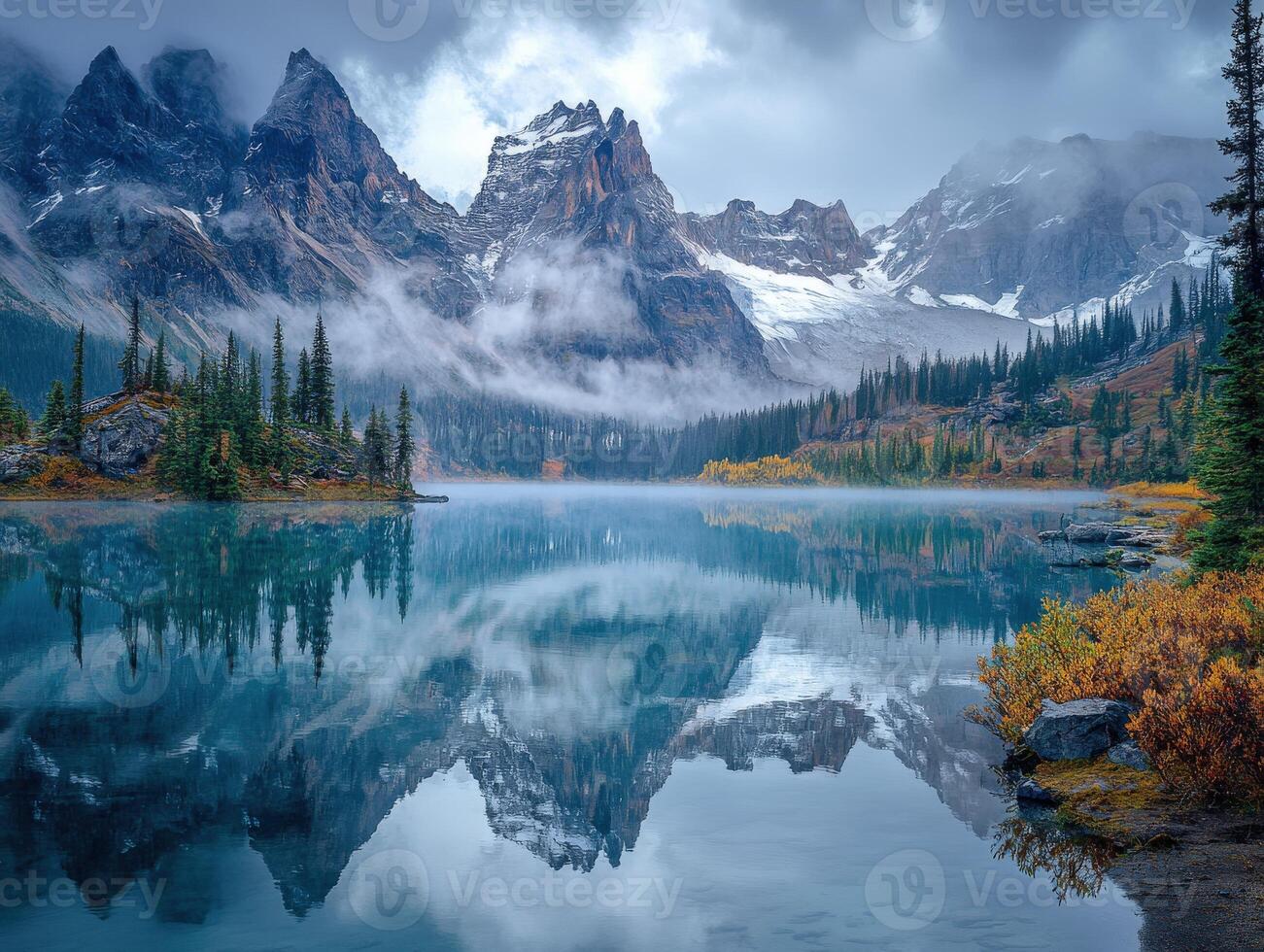 Mountain landscape with serene lake and reflections at dawn in Canada photo
