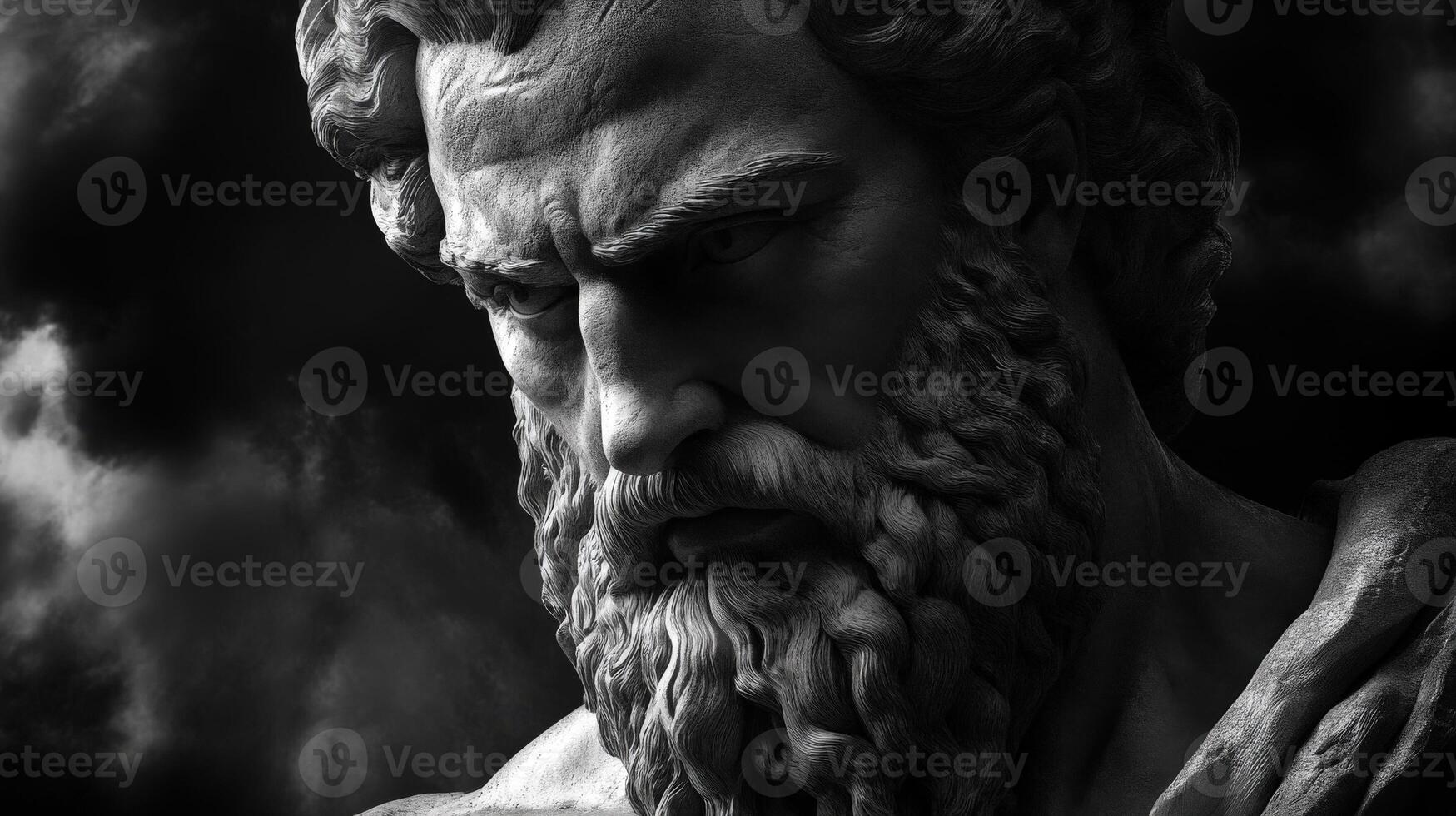 Depiction of a classical marble statue with intense facial expression and detail photo