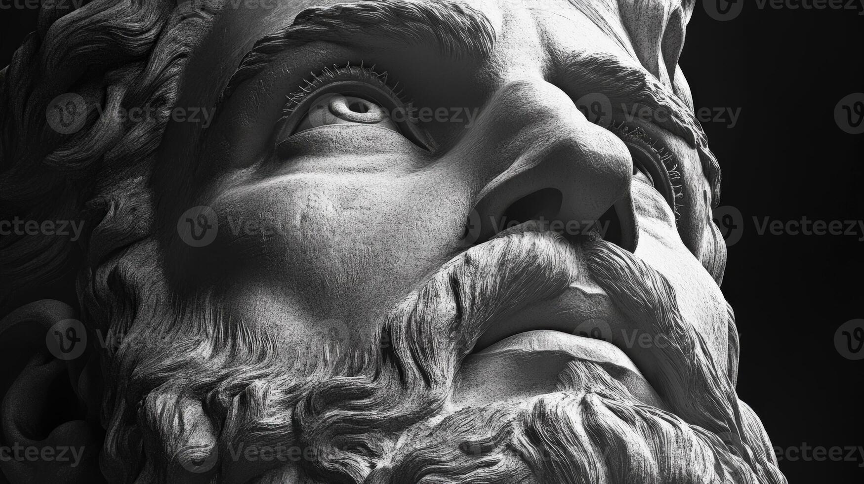Detailed view of a stone sculpture depicting an ancient figure gazing upward photo