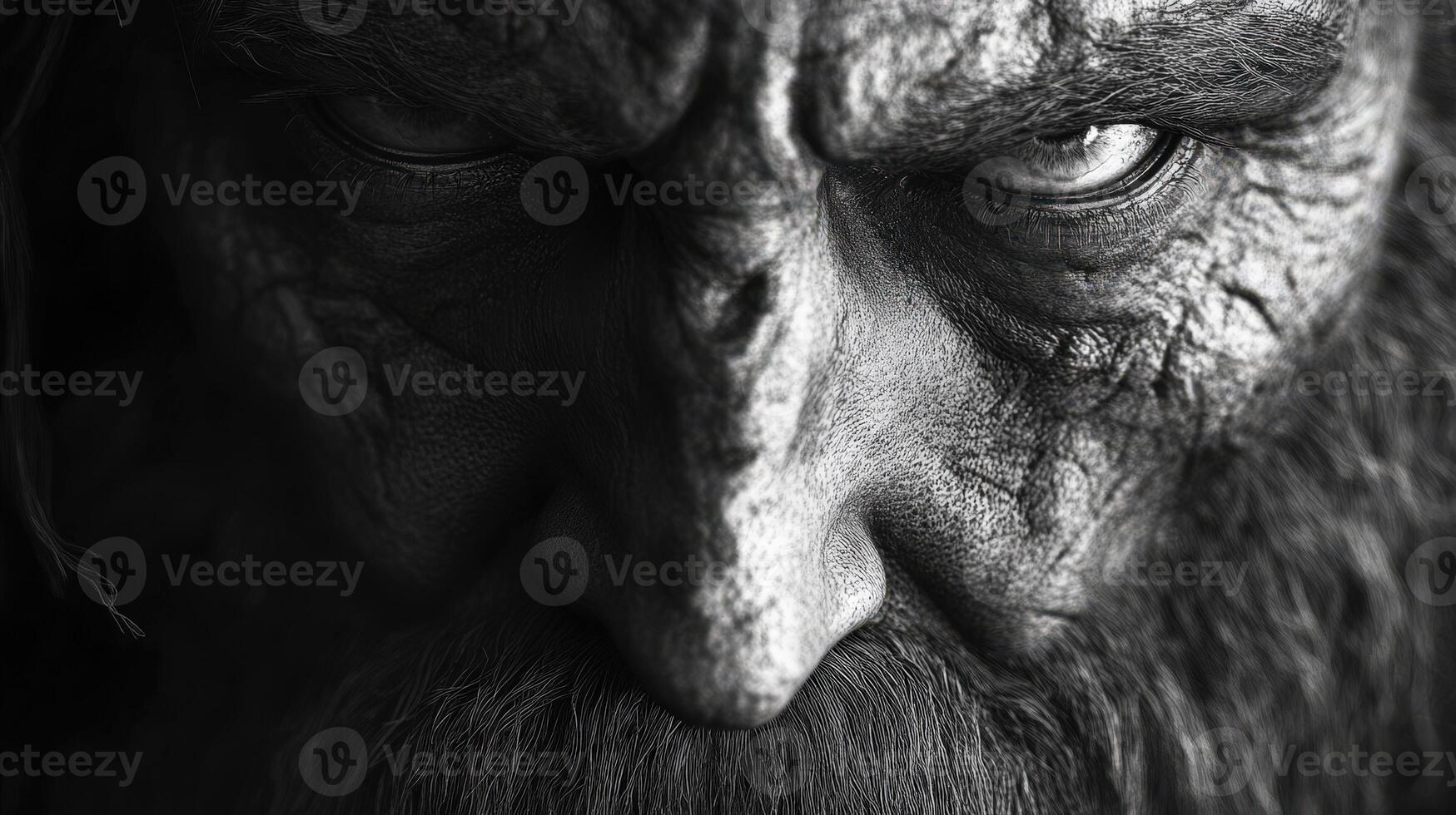 Close-up of a rugged, intense face with deep textures and piercing gaze photo