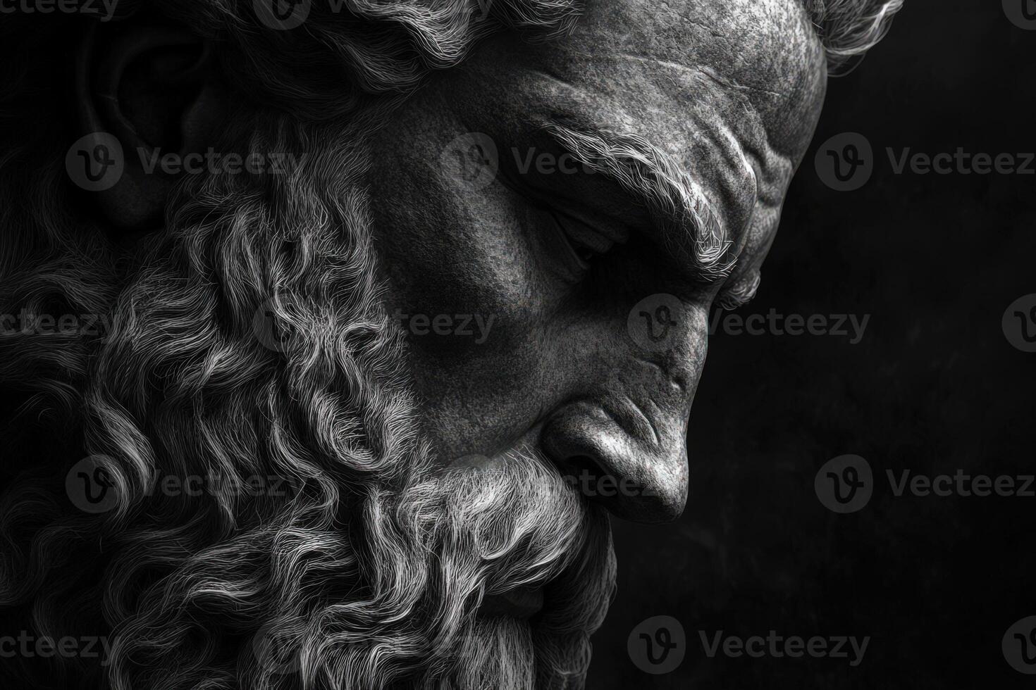 Ancient statue of a wise figure with a long beard in dramatic lighting photo