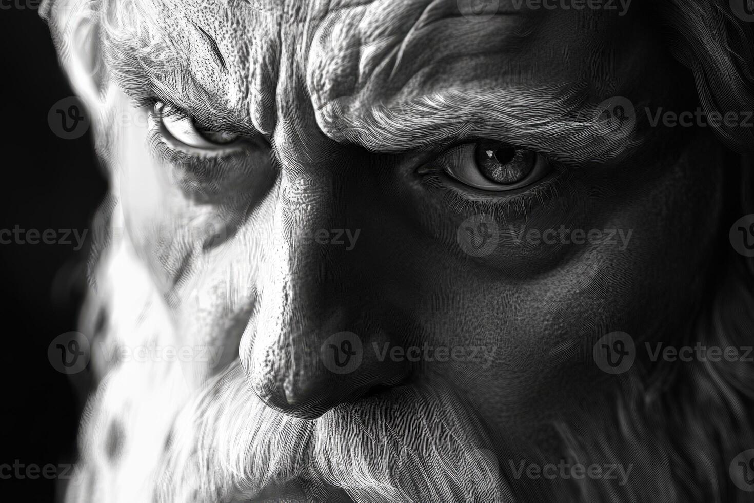 Intricate close-up of an ancient figure's face in black and white tones photo