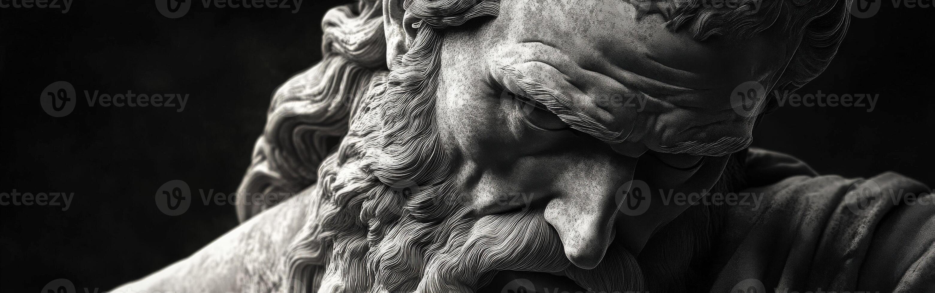 Close-up of a weathered sculpture portraying a thoughtful ancient philosopher photo