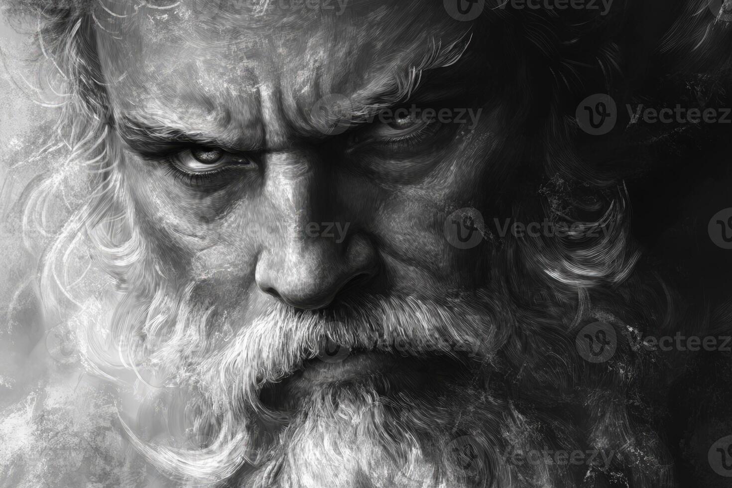 Intense close-up of an older man with a striking beard and piercing gaze photo