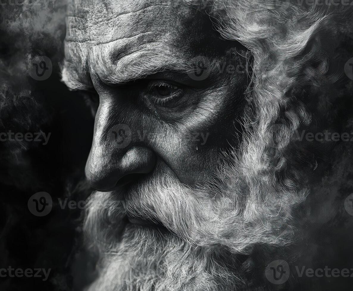 Majestic elderly man with a long beard and deep expression in monochrome photo