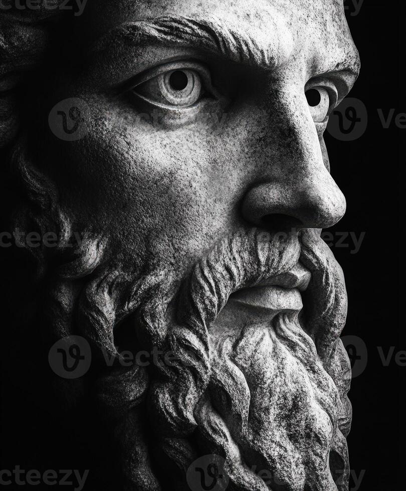 Detailed close-up of a classical stone sculpture face against a dark background photo