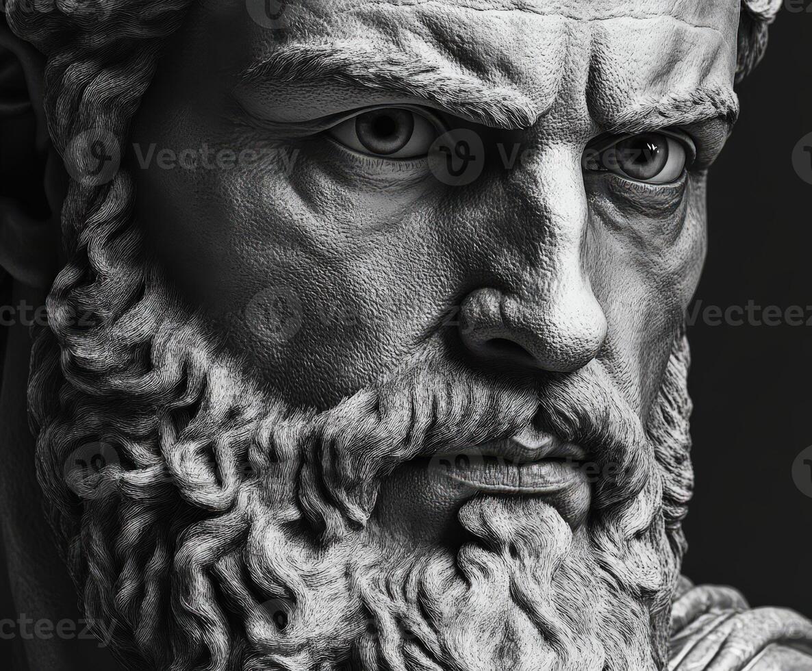 Ancient marble bust depicting a bearded philosopher with deep expression photo
