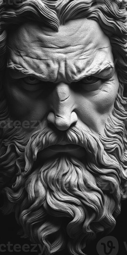 Detailed close-up of an imposing sculpture depicting a mythological figure photo