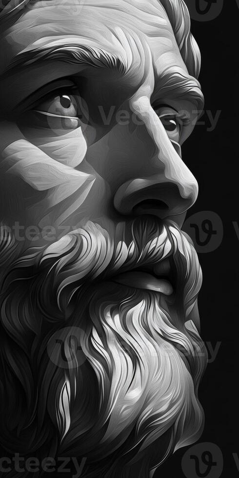 Detailed portrait of a man with a beard gazing thoughtfully in black and white photo