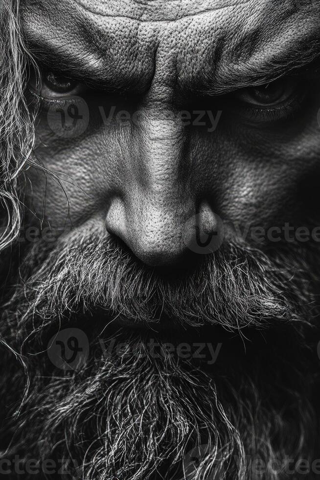 Intense close-up of a bearded man with striking facial features and expression photo