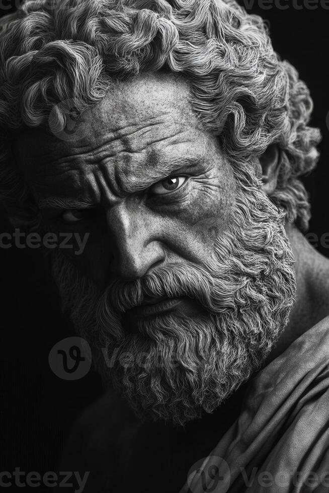 Ancient sculpture of a bearded philosopher exuding wisdom and strength photo