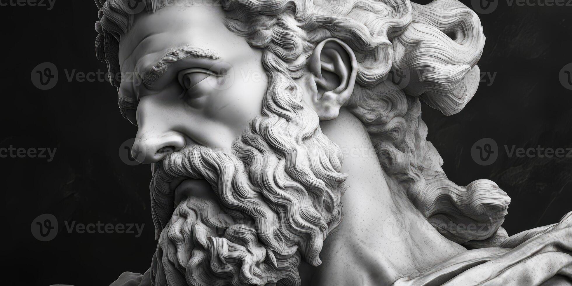 Marble sculpture of a bearded figure with flowing hair in a dramatic pose photo