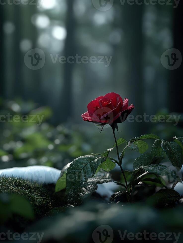 Red rose blooming in misty forest with soft light filtering through trees photo