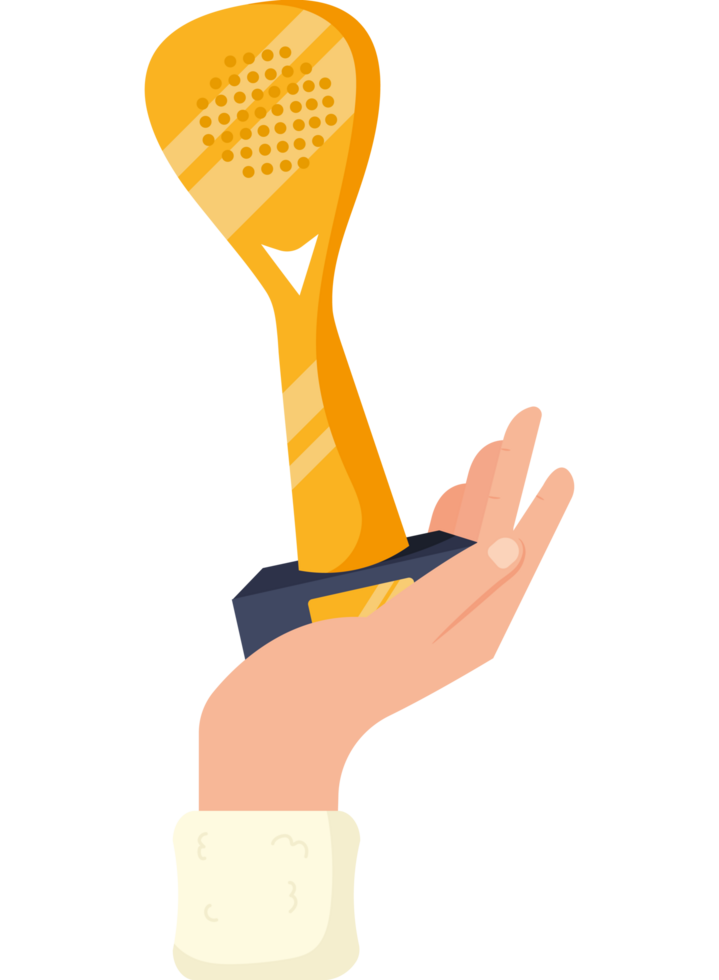 A hand holding a golden trophy icon isolated png
