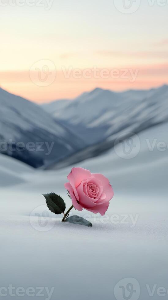 Pink rose blooming in snow-covered mountains during sunset photo