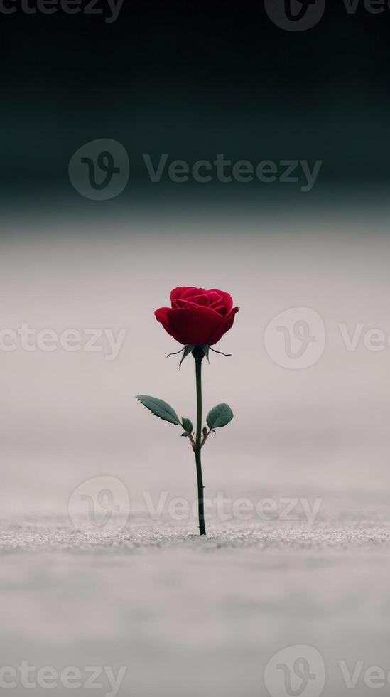 Lonely red rose standing tall in a desolate landscape at dusk photo
