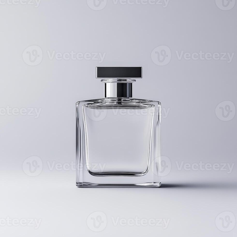 Minimalist glass perfume bottle on a soft gray background showcasing elegance photo