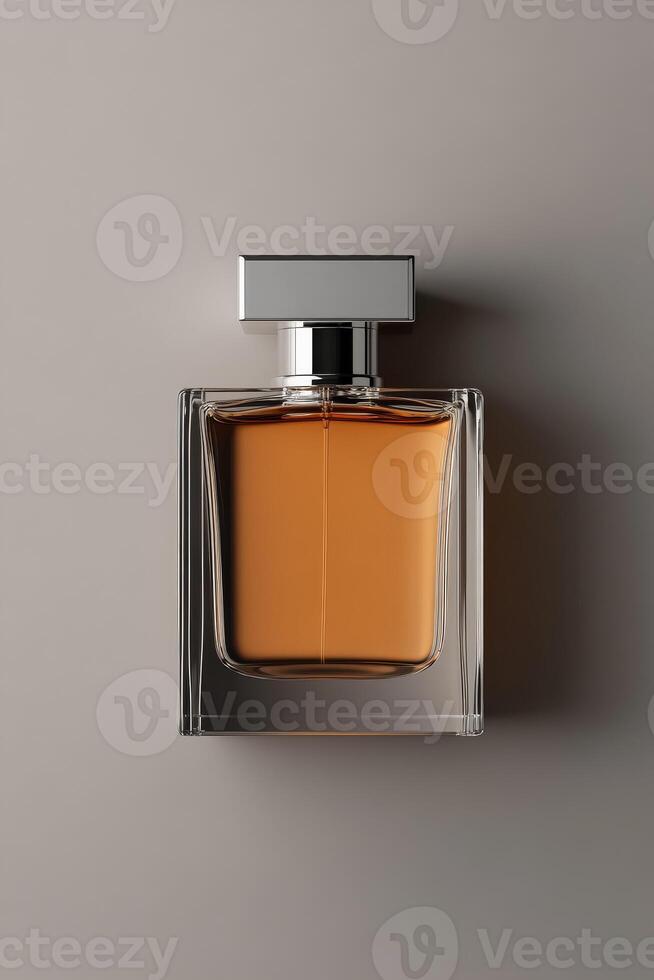 Elegant perfume bottle placed on a smooth surface showcasing its amber liquid photo
