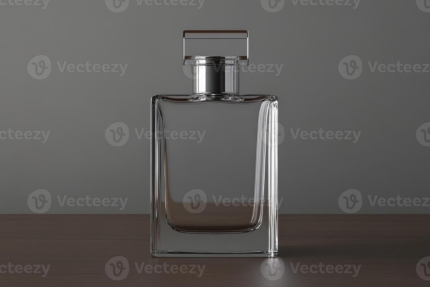 Crisp glass perfume bottle elegantly displayed on a wooden surface in soft light photo